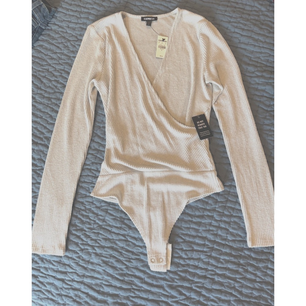 NEW Express Ribbed Sweater Bodysuit Women's S Long Sleeve Gray Stretch Soft $58